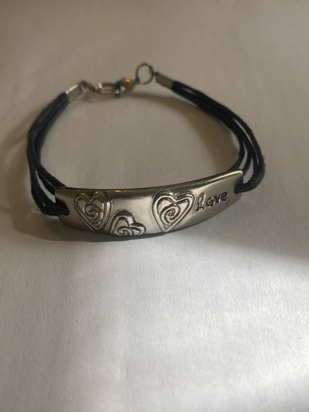 Love Heart Silver Plate Bracelet with Black Cord